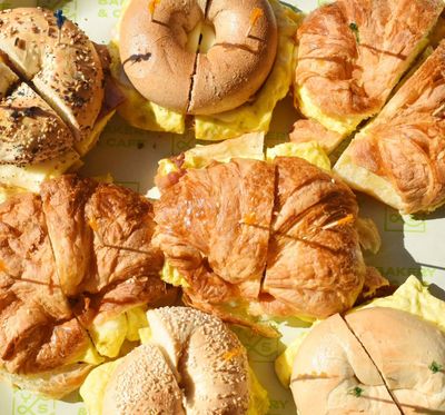Spread of breakfast bagels and croissants